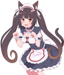 Rule 34 | 1girl, :3, :d, absurdres, animal ear fluff, animal ears, apron, bell, black dress, blunt bangs, blunt ends, blush, bow, bowtie, breasts, brown eyes, brown hair, cat ears, cat girl, cat tail, chocola (nekopara), cleavage, cleavage cutout, clothing cutout, commentary, cowboy shot, dress, fang, frilled dress, frills, from above, hair bow, hands up, highres, jingle bell, leaning forward, long hair, looking at viewer, maid, maid headdress, medium breasts, neck bell, nekopara, open mouth, paw pose, pink bow, pink bowtie, puffy short sleeves, puffy sleeves, short dress, short sleeves, simple background, skin fang, smile, solo, standing, tail, tail raised, twintails, very long hair, waist apron, waitress, white apron, white background, white wrist cuffs, wrist cuffs, zlmh7okwwbmghfo