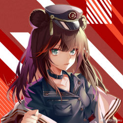 Rule 34 | 1girl, absurdres, animal ears, aqua eyes, arknights, bear ears, black hat, black shirt, brown hair, buttons, choker, closed mouth, collarbone, frown, hat, highres, kikimi, long hair, looking at viewer, multicolored hair, off shoulder, official alternate costume, peaked cap, shirt, solo, streaked hair, striped, striped background, upper body, wing collar, zima (arknights), zima (ready to go) (arknights)