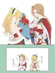 Rule 34 | 2girls, armor, bare shoulders, black gloves, blonde hair, blush, bow, breasts, brown hair, christmas, cleavage, closed eyes, commentary request, earrings, frills, gift, gift bag, gloves, granblue fantasy, grin, hair between eyes, hair ornament, heart, high ponytail, highres, hug, jewelry, katalina (granblue fantasy), large breasts, leotard, long hair, looking down, midriff, miso-ha (ukyuu), multiple girls, navel, ponytail, red bow, red eyes, santa costume, sidelocks, smile, stuffed animal, stuffed toy, teddy bear, thighs, translation request, vira (granblue fantasy)