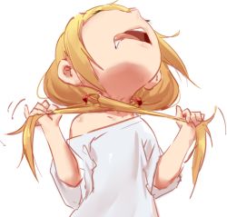 Rule 34 | 1girl, asphyxiation, blonde hair, futaba anzu, holding, holding hair, idolmaster, idolmaster cinderella girls, long hair, low twintails, off shoulder, open mouth, saliva, shirt, short sleeves, simple background, solo, strangling, teeth, tongue, tongue out, twintails, upper body, upper teeth only, very long hair, white background, white shirt, xiaoyu