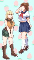 Rule 34 | 2girls, :p, ashley graham, bare arms, bare shoulders, blonde hair, blue background, blue skirt, boots, breasts, brown eyes, brown footwear, brown hair, commentary request, fruit background, full body, green skirt, hand up, highres, ichigo 100 percent, kitaooji satsuki, kneehighs, large breasts, loafers, looking at viewer, midriff, miniskirt, multiple girls, neckerchief, plaid, plaid skirt, pleated skirt, ponytail, puffy short sleeves, puffy sleeves, red neckerchief, resident evil, resident evil 4, sailor collar, sailor shirt, school uniform, serafuku, shirt, shoes, short hair, short sleeves, skirt, sleeveless, sleeveless turtleneck, smile, socks, standing, tongue, tongue out, turtleneck, white legwear, white shirt, zuranonaru