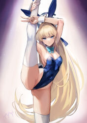 Rule 34 | 1girl, absurdres, animal ears, blonde hair, blue archive, blue eyes, blue leotard, bow, bowtie, breasts, detached collar, fake animal ears, flexible, halo, highres, ito uuu, leg lift, leg up, leotard, long hair, looking at viewer, medium breasts, official alternate costume, playboy bunny, rabbit ears, smile, solo, split, standing, standing on one leg, standing split, strapless, strapless leotard, thighhighs, toki (blue archive), toki (bunny) (blue archive), v, very long hair, white thighhighs, wrist cuffs