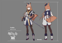 Rule 34 | 1girl, alternate costume, animal ear fluff, animal ears, arknights, artist name, beret, blue coat, blue footwear, blue headwear, bodystocking, boots, brown hair, brown pantyhose, brown tail, character name, chinese commentary, closed mouth, coat, collared coat, commentary request, concept art, copyright name, dawn02, fox ears, fox girl, fox tail, franka (arknights), full body, grey background, hat, high collar, lanyard, lapels, long hair, looking at viewer, multicolored clothes, multicolored coat, multiple views, orange coat, pantyhose, red eyes, scabbard, sheath, sheathed, short sleeves, simple background, smile, standing, strap, sword, tail, unfinished, weapon, white coat, white footwear