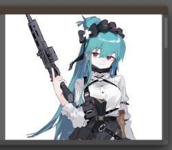 Rule 34 | 1girl, art program in frame, assault rifle, astg, black bow, black mask, blue hair, bow, ear piercing, girls&#039; frontline, gun, hair bow, holding, holding gun, holding weapon, long hair, looking at viewer, mask, mask pull, mole, mole under eye, mouth mask, piercing, ponytail, red eyes, rifle, scr (girls&#039; frontline), shirt, simple background, solo, weapon, white background, white shirt