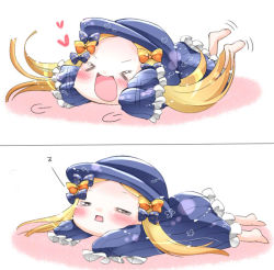 Rule 34 | &gt; &lt;, 1girl, :d, abigail williams (fate), afterimage, barefoot, black bow, black dress, black hat, blonde hair, blush, bow, chibi, closed eyes, commentary request, dress, facing viewer, fate/grand order, fate (series), forehead, hair bow, hat, heart, legs up, long hair, long sleeves, lying, on stomach, open mouth, orange bow, parted bangs, polka dot, polka dot bow, sleeping, sleeves past fingers, sleeves past wrists, smile, soles, square mouth, tenmai miwa, v-shaped eyebrows, very long hair, xd, zzz