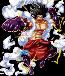 Rule 34 | 1boy, alternate form, black hair, blood, blue pants, bounce man, gear fourth, haki, highres, jacket, long hair, male focus, monkey d. luffy, muscular, muscular male, one piece, pants, red eyes, scar, smile, solo, steam, tattoo, transformation