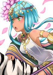 Rule 34 | 1girl, aqua hair, armlet, dark skin, dark-skinned female, dress, facial mark, flower, forehead mark, green eyes, hair flower, hair ornament, highres, jewelry, lotus, necklace, open mouth, parvati (p&amp;d), petals, polearm, puzzle &amp; dragons, riding, short hair with long locks, simple background, solo, tiger, weapon, white background, white dress, yosaku (y00o13o)