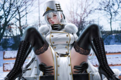 Rule 34 | 1girl, alexander dinh, azur lane, bench, black gloves, black thighhighs, boots, breasts, cleavage, coat, coat dress, elbow gloves, fur-trimmed coat, fur trim, gloves, hair between eyes, hat, high collar, high heel boots, high heels, knee boots, lace, lace-trimmed legwear, lace trim, large breasts, long hair, looking at viewer, military hat, mole, mole under eye, parted lips, red eyes, silver hair, sitting, snow, solo, sovetskaya rossiya (azur lane), spread legs, thighhighs, tree, very long hair, white coat, white hat, winter