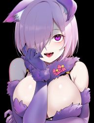 Rule 34 | 1girl, animal ear fluff, animal ears, arm under breasts, bare shoulders, black background, blush, breasts, cleavage, elbow gloves, fate/grand order, fate (series), fur-trimmed gloves, fur collar, fur trim, gloves, hair over one eye, hand on own cheek, hand on own face, highres, large breasts, looking at viewer, mash kyrielight, mash kyrielight (dangerous beast), official alternate costume, open mouth, pink hair, purple eyes, revealing clothes, short hair, simple background, solo, upper body, wolf ears, xiaodi