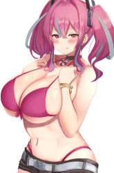 Rule 34 | 1girl, absurdres, azur lane, bare shoulders, belly piercing, belt, bikini, blush, breasts, bremerton (azur lane), choker, cleavage, collarbone, cowboy shot, earrings, front-tie bikini top, front-tie top, groin, hair between eyes, hair intakes, highleg, highleg bikini, highres, huge breasts, jewelry, large breasts, looking at viewer, midriff, mole, mole on breast, mole under eye, multicolored hair, naughty face, navel, pink bikini, satou aji, short shorts, shorts, sidelocks, simple background, smile, solo, standing, swimsuit, tagme, tongue, white background