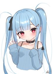 Rule 34 | 1girl, :o, bare shoulders, black collar, blue hair, blue shirt, blush, breasts, collar, collarbone, commentary request, cropped torso, ear piercing, hair ornament, hairclip, hands up, heart, heart hair ornament, highres, long hair, long sleeves, looking at viewer, off-shoulder shirt, off shoulder, original, parted lips, piercing, red eyes, shirt, sleeves past wrists, small breasts, solo, tsukiman, twintails, upper body, very long hair