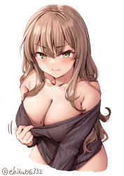 Rule 34 | 1girl, bare shoulders, breasts, clothes pull, collarbone, cropped arms, cropped legs, dress, ebifurya, green eyes, highres, large breasts, light brown hair, looking at viewer, mole, mole on breast, original, pink lips, pulled by self, simple background, smile, smug, solo, sweater, sweater dress, sweater pull, twitter username, wavy hair, white background
