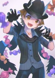 Rule 34 | 1boy, artist name, black gloves, black hat, black pants, black scarf, black vest, brown eyes, brown hair, buttons, candy, collared shirt, commentary request, creatures (company), fangs, food, game freak, gloves, hands up, hat, head tilt, highres, hilbert (fall 2020) (pokemon), hilbert (pokemon), jewelry, kikuyoshi (tracco), looking at viewer, male focus, necklace, nintendo, official alternate costume, open mouth, pants, pokemon, pokemon masters ex, scarf, shirt, short hair, short sleeves, solo, tongue, vest, watermark
