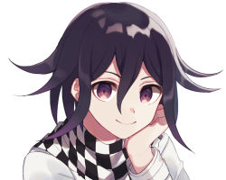 Rule 34 | 1boy, bad id, bad pixiv id, checkered clothes, checkered scarf, cheek rest, closed mouth, commentary request, danganronpa (series), danganronpa v3: killing harmony, hair between eyes, jacket, long sleeves, looking at viewer, male focus, nanao (nanao1023), oma kokichi, portrait, purple eyes, purple hair, scarf, simple background, smile, solo, upper body, white background, white jacket