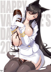 Rule 34 | 1girl, absurdres, animal ears, atago (azur lane), azur lane, breasts, breasts out, brown eyes, chocolate, commentary request, covered erect nipples, garter straps, gloves, happy valentine, head tilt, highres, large breasts, long hair, military, military uniform, miniskirt, mole, mole under eye, pouring, pouring onto self, ribbon, shirt, side slit, sitting, skirt, smile, syrup, thighhighs, uniform, valentine, wariza, white gloves, white ribbon, white shirt, yama-michi