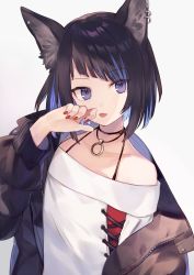 Rule 34 | 1girl, animal ear fluff, bare shoulders, black hair, ear piercing, jacket, long sleeves, looking at viewer, nail polish, off shoulder, original, piercing, red nails, short hair, shugao, simple background, solo, tongue, tongue out, upper body, white background