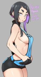 Rule 34 | 1girl, 2021, agawa ryou, bare shoulders, black hair, breasts, dated, grey background, large breasts, long hair, multicolored hair, original, purple hair, short hair, short shorts, shorts, sideboob, grey eyes, simple background, solo, thick eyebrows, thick thighs, thighs, two-tone hair