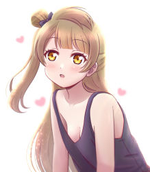 Rule 34 | 1girl, akihitohappy, black bow, blush, bow, breasts, brown eyes, cleavage, downblouse, female focus, grey hair, hair bow, heart, highres, leaning forward, long hair, looking at viewer, love live!, love live! school idol project, medium breasts, minami kotori, no bra, open mouth, simple background, solo, tank top, upper body, white background