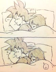 Rule 34 | 1boy, 1girl, back turned, bed, bed sheet, black hair, blush, chi-chi (dragon ball), comic, couple, dragon ball, closed eyes, frown, heart, long hair, monochrome, open mouth, panels, pillow, short hair, silent comic, simple background, sleeping, smile, son goku, speech bubble, spiked hair, tkgsize, zzz