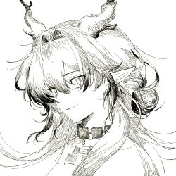 Rule 34 | 16shiliuyu (shang shan yu), 1girl, arknights, chinese commentary, closed mouth, commentary request, dragon girl, dragon horns, earrings, eyes visible through hair, greyscale, hair between eyes, hair intakes, hatching (texture), highres, horns, jewelry, linear hatching, lineart, long hair, looking at viewer, monochrome, necklace, pointy ears, portrait, shu (arknights), simple background, smile, solo, white background