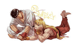 Rule 34 | 2boys, aged down, bara, barefoot, black hair, blonde hair, couple, dougi, elbow rest, eye contact, fingerless gloves, gloves, headband, holding hands, interlocked fingers, ken masters, leaning forward, looking at another, lying, male focus, multiple boys, muscular, muscular male, on stomach, pectoral cleavage, pectorals, ryu (street fighter), short hair, sideburns, sitting, smile, street fighter, thick eyebrows, white background, yaoi, yuiofire