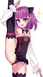 Rule 34 | 1girl, bare shoulders, black thighhighs, blush, breasts, chawan (yultutari), detached collar, detached sleeves, dress, fate/grand order, fate (series), flexible, helena blavatsky (fate), highres, leg lift, leg up, looking at viewer, open mouth, purple eyes, purple hair, short hair, simple background, small breasts, sparkle, split, standing, standing on one leg, standing split, strapless, strapless dress, thighhighs, thighs, white background, white sleeves