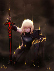 Rule 34 | 1girl, amase (yagami666), armor, artoria pendragon (fate), blonde hair, dissolving clothes, excalibur morgan (fate), fate/grand order, fate/stay night, fate (series), highres, planted sword, planted, saber (fate), saber alter, short hair, solo, sword, weapon, yellow eyes