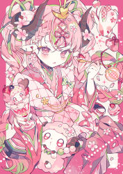 Rule 34 | 1girl, absurdres, animal ears, cherry blossoms, cow ears, cow girl, cow horns, earrings, highres, hinamatsuri, horns, japanese clothes, jewelry, kimono, long hair, looking at viewer, open mouth, original, pink eyes, pink hair, pink kimono, pink theme, solo, twintails, yumenouchi chiharu