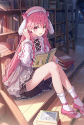 Rule 34 | 1girl, adjusting hair, animal ears, animal hat, ankle bow, ankle ribbon, black skirt, book, book stack, bookshelf, bow, breasts, cleavage, clothing cutout, collar, commentary request, cross-laced clothes, cross-laced top, dangmyo, dress, fake animal ears, frilled collar, frilled dress, frilled skirt, frilled socks, frills, from side, hand up, hat, hat ribbon, highres, indoors, knees together feet apart, ladder, leg ribbon, lens flare, long bangs, long hair, long sleeves, looking at viewer, open book, open mouth, original, pink eyes, pink footwear, pink hair, pink hat, puffy sleeves, rabbit, rabbit ears, rabbit hat, reading, ribbon, shirt, shoulder cutout, sidelocks, sitting, skirt, small breasts, socks, solo, teeth, thighs, upper teeth only, very long hair, white shirt, white socks, wooden floor