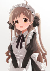 Rule 34 | 1girl, :d, ahoge, alternate hairstyle, apron, back bow, black dress, black ribbon, blush, bow, breasts, brown hair, brown ribbon, collared dress, commentary request, dress, frilled apron, frilled hairband, frills, goma konbu, hair flowing over, hair over shoulder, hair ribbon, hairband, hakozaki serika, highres, idolmaster, idolmaster million live!, juliet sleeves, long hair, long sleeves, looking at viewer, looking to the side, maid, maid apron, neck ribbon, official style, open mouth, orange eyes, puffy sleeves, raised eyebrows, ribbon, simple background, small breasts, smile, solo, swept bangs, tareme, three quarter view, two side up, upper body, v arms, very long hair, white apron, white background, white bow