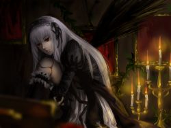 Rule 34 | 1girl, artist request, candle, doll joints, gothic lolita, hairband, highres, joints, bridal garter, lolita fashion, lolita hairband, long hair, looking at viewer, red eyes, rozen maiden, solo, suigintou, very long hair