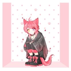 Rule 34 | 1boy, animal ears, blush, collar, dog boy, dog ears, dog tail, full body, heterochromia, highres, looking at viewer, lulucoo, male focus, multicolored background, pink background, purple eyes, red hair, rinu (stpri), short hair, solo, strawberry prince, sweat, tail, white background, yellow eyes