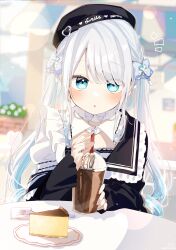 Rule 34 | 1girl, :o, absurdres, beret, black hat, black shirt, blue bow, blue eyes, blue hair, blurry, blurry background, bow, cheesecake, commentary request, cup, depth of field, drinking glass, drinking straw, food, fork, grey hair, hair bow, hat, highres, holding, holding cup, indoors, kaga sumire, long hair, long sleeves, looking at viewer, multicolored hair, notice lines, parted lips, plate, puffy long sleeves, puffy sleeves, shirt, sleeves past wrists, sofra, solo, tilted headwear, two-tone hair, upper body, very long hair, virtual youtuber, vspo!