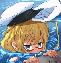 Rule 34 | 10s, 1boy, 1girl, admiral (kancolle), artist name, artist request, bad id, bad pixiv id, blonde hair, bubble, glasses, gloves, hair between eyes, hat, i-8 (kancolle), kantai collection, peaked cap, water, white gloves