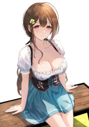Rule 34 | absurdres, aqua skirt, arm support, blush, breasts, brown hair, cleavage, collarbone, corset, dirndl, feet out of frame, german clothes, highres, idolmaster, idolmaster shiny colors, kuwayama chiyuki, large breasts, looking at viewer, on bench, puffy short sleeves, puffy sleeves, short sleeves, sikimosh, sitting, skirt, smile