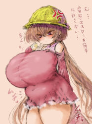 Rule 34 | 1girl, 2b-ge, breasts, brown background, brown hair, dress, eating, fat, female focus, food, hat, holding, holding food, huge breasts, japanese text, long hair, oppai loli, original, pink dress, plump, purple eyes, school hat, solo, standing, thick thighs, thighs, translation request, twintails, very long hair