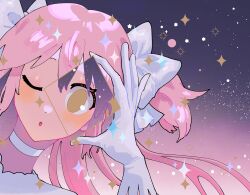Rule 34 | ;o, absurdly long hair, bow, choker, commentary, cropped jacket, diamond (shape), english commentary, eyelashes, gloves, highres, holding, jacket, kaname madoka, long hair, low neckline, mahou shoujo madoka magica, one eye closed, open mouth, pink hair, sidelocks, space, sparkle, star (sky), swept bangs, twintails, two side up, ultimate madoka, upper body, very long hair, white bow, white choker, white gloves, white jacket, yellow eyes, yooki (winter cakes)