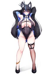 Rule 34 | 1girl, 5danny1206, animal ears, anklet, armpits, arms up, black coat, black footwear, black hair, black leotard, blue eyes, blue hair, blush, breast curtains, breasts, coat, commentary, covered navel, english commentary, fishnet thighhighs, fishnets, full body, highres, jewelry, large breasts, leotard, long hair, long sleeves, looking at viewer, multicolored hair, original, parted lips, simple background, single thighhigh, smile, solo, standing, streaked hair, thighhighs, thighs, two-tone hair, white background