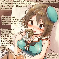 Rule 34 | 10s, 1girl, bare arms, beret, blue eyes, blush, breasts, brown hair, cleavage, dated, doughnut, drink, eating, food, from above, green beret, green hat, hair ornament, hat, hat ribbon, holding, kantai collection, kirisawa juuzou, large breasts, maya (kancolle), maya kai ni (kancolle), no gloves, numbered, pen, red ribbon, ribbon, short hair, sitting, solo, traditional media, translation request, twitter username, x hair ornament