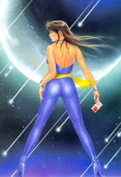 Rule 34 | 1980s (style), 1girl, ass, bangle, bare back, bare shoulders, bracelet, brown hair, card, cat&#039;s eye, closed eyes, crater, flying hair, formal, from behind, full body, hand on thigh, high heels, houjou tsukasa, jewelry, kisugi hitomi, light, long hair, moon, moonlight, night, no bra, official art, oldschool, profile, retro artstyle, shoes, shooting star, solo, space, standing, star (sky), star (symbol), suit, tight clothes