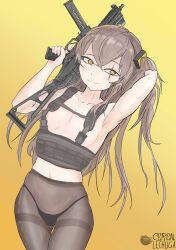 Rule 34 | 1girl, arm behind head, armpits, arms up, artist name, black panties, breasts, brown eyes, brown hair, cerealxs, chest harness, closed mouth, collarbone, cowboy shot, female focus, girls&#039; frontline, gun, hair ornament, harness, highleg, highleg panties, highres, holding, holding gun, holding weapon, long hair, looking at viewer, navel, no bra, panties, scar, scar across eye, small breasts, smile, solo, standing, thigh gap, thighs, ump45 (girls&#039; frontline), underwear, weapon, yellow background