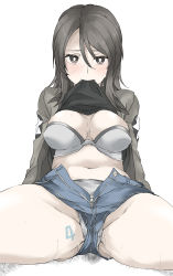 Rule 34 | 1girl, arm support, black shirt, blue shorts, blush, body writing, bra, breasts, bright pupils, brown eyes, brown hair, brown jacket, clothes in mouth, clothes lift, commentary, cosplay, crotch seam, denim, denim shorts, elf (stroll in the woods), emblem, girls und panzer, grey bra, grey panties, highres, jacket, kay (girls und panzer), kay (girls und panzer) (cosplay), leaning back, lifting own clothes, long hair, long sleeves, looking at viewer, medium breasts, micro shorts, mika (girls und panzer), military, military uniform, mouth hold, navel, no headwear, open fly, panties, pussy juice, saunders military uniform, shirt, shirt in mouth, shirt lift, shorts, simple background, sitting, solo, spread legs, star (symbol), sweat, textless version, underwear, uniform, unzipped, upshorts, white background, white pupils