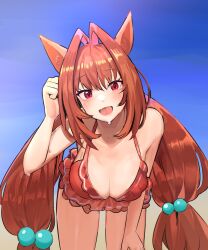 Rule 34 | 1girl, :d, animal ears, antenna hair, bare shoulders, bikini, bikini skirt, blush, breasts, brown hair, cleavage, collarbone, daiwa scarlet (trifle vacation) (umamusume), daiwa scarlet (umamusume), fang, frilled bikini, frills, hair between eyes, hair bobbles, hair ornament, hand on own thigh, hand to head, hanging breasts, highres, horse ears, horse girl, large breasts, leaning forward, long hair, looking at viewer, low twintails, official alternate costume, official alternate hairstyle, open mouth, red bikini, red eyes, skin fang, smile, solo, solokitsune, sweat, swimsuit, thighs, twintails, umamusume, very long hair