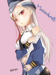 Rule 34 | 1girl, akino shuu, black necktie, blonde hair, blue jacket, character name, collared shirt, headgear, jacket, kantai collection, long hair, long sleeves, massachusetts (kancolle), multicolored hair, necktie, open mouth, pink background, red eyes, red hair, shirt, simple background, sleeveless, sleeveless shirt, solo, streaked hair, twitter username, upper body, white shirt