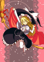 Rule 34 | 1girl, black skirt, blonde hair, braid, broom, broom riding, cape, capelet, female focus, frilled skirt, frills, hair ribbon, hat, kirisame marisa, kuronuko neero, md5 mismatch, one eye closed, open mouth, resolution mismatch, ribbon, shirt, skirt, skirt set, smile, solo, source larger, thighhighs, touhou, white thighhighs, wink, witch, witch hat, yellow eyes, zettai ryouiki
