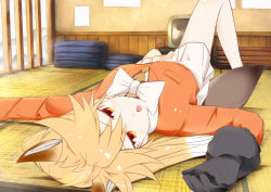 Rule 34 | 10s, 1girl, animal ears, bare legs, black gloves, blonde hair, blush, bow, bowtie, ezo red fox (kemono friends), fox ears, fox tail, gloves, hair between eyes, indoors, jacket, kawayoshi, kemono friends, long hair, long sleeves, looking at viewer, lying, necktie, on back, open mouth, orange eyes, orange jacket, outstretched arms, pleated skirt, skirt, solo, spread arms, tail, tatami, television, white neckwear, white skirt