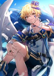 Rule 34 | 1boy, absurdres, belt, blonde hair, choker, crown, earrings, feathered wings, feathers, feet out of frame, highres, ikurikaito, jacket, jewelry, crossed legs, male focus, mini crown, multicolored hair, original, ring, shirt, shorts, smile, solo, streaked hair, white shirt, wings, wristband, yellow eyes