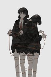 Rule 34 | 1girl, absurdres, bare legs, black hair, black jacket, black skirt, bound, closed mouth, collared shirt, feet out of frame, grey background, highres, jacket, long hair, long sleeves, necktie, original, red necktie, shirt, simple background, skirt, solo, string, tied up (nonsexual), tuoer, white shirt