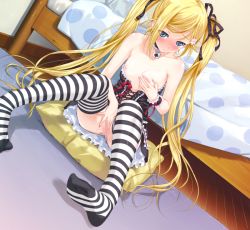 Rule 34 | 1girl, bare shoulders, bed, blonde hair, blue eyes, blush, breast hold, breasts, censored, choker, collar, corset, feet, female masturbation, fingering, flat chest, frills, game cg, gothic lolita, grabbing own breast, hair ribbon, happoubi jin, kanojo x kanojo x kanojo, lock, lolita fashion, long hair, masturbation, mosaic censoring, nipples, no panties, orifushi mafuyu, pussy, ribbon, sitting, solo, striped clothes, striped thighhighs, thighhighs, twintails, wrist cuffs