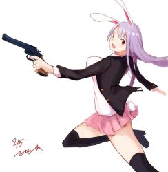 Rule 34 | 1girl, animal ears, artist name, bad anatomy, black thighhighs, blazer, blouse, from side, gun, handgun, highres, holding, holding weapon, jacket, long hair, looking at viewer, looking back, miniskirt, necktie, pink skirt, pleated skirt, purple hair, rabbit ears, red eyes, red necktie, reisen udongein inaba, revolver, running, shirt, signature, simple background, skirt, smile, solo, standing, tetsurou (fe+), thighhighs, touhou, weapon